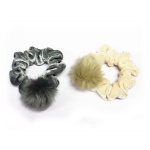 Velvet Scrunchies With Fur Pompom