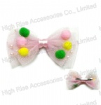 Mesh Bow With Colorful Pom Pom Alligator Clip