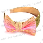Golden Sequin Band With Pink Lace Bow Alice Band